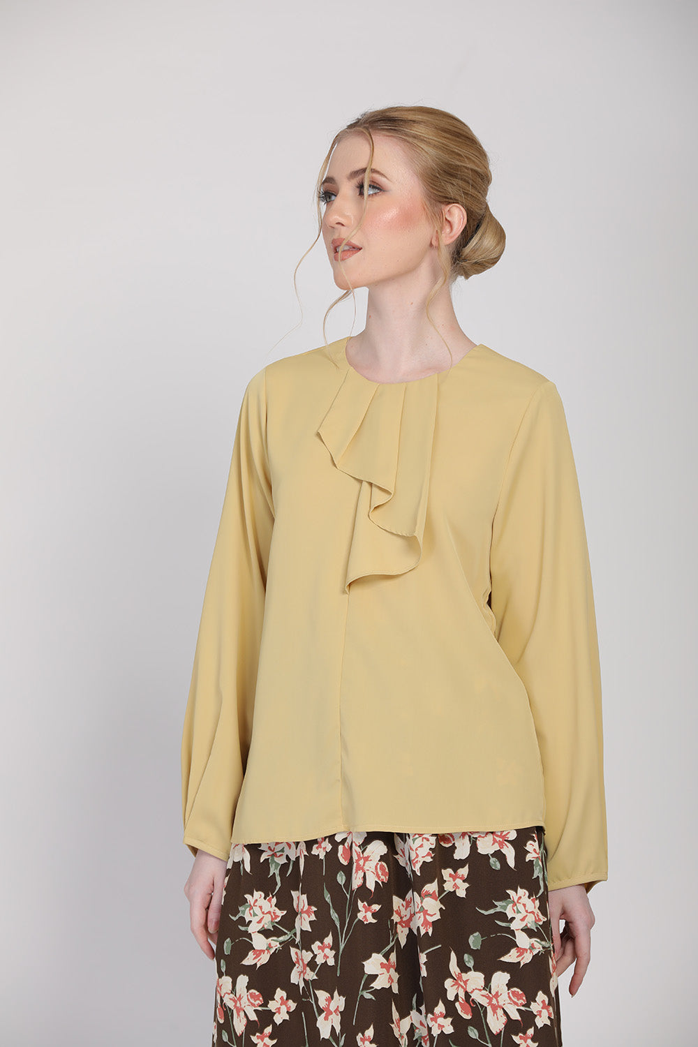Coleen Ruffle Front Long Sleeves Blouse in Mustard